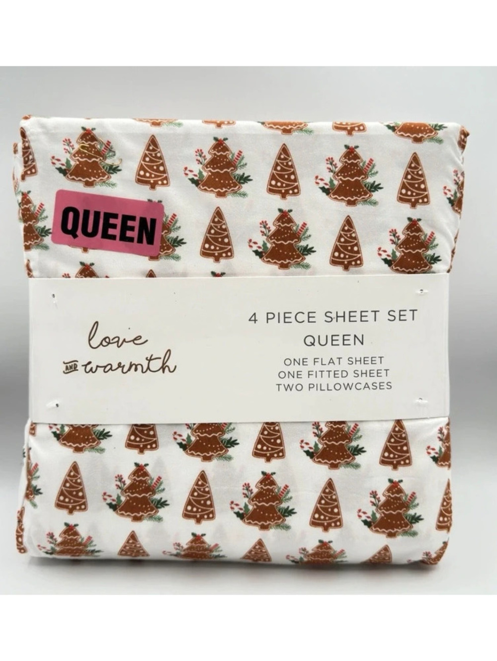 Love & Warmth Gingerbread Cookie Tree Queen Size Sheet Set Christmas 4 Pc New